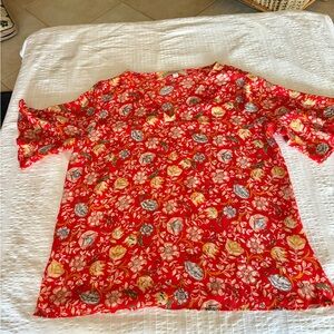 LOFT Red Floral Blouse with Yellow Accents and ruffle sleeves medium